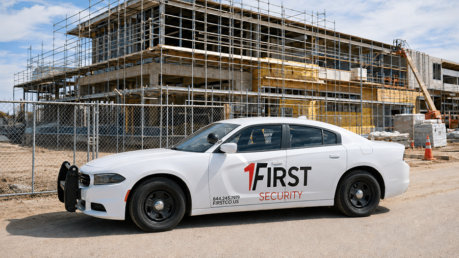 A white First Security patrol car is parked in front of a building under construction, where Commercial Restoration Services are underway, with a chain-link fence and construction equipment visible in the background.