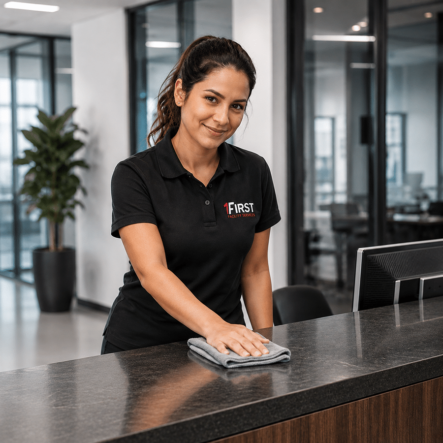 Woman in a black polo shirt cleans a reception desk with a gray cloth in a modern office setting, exemplifying the attention to detail provided by Commercial Restoration Services.
