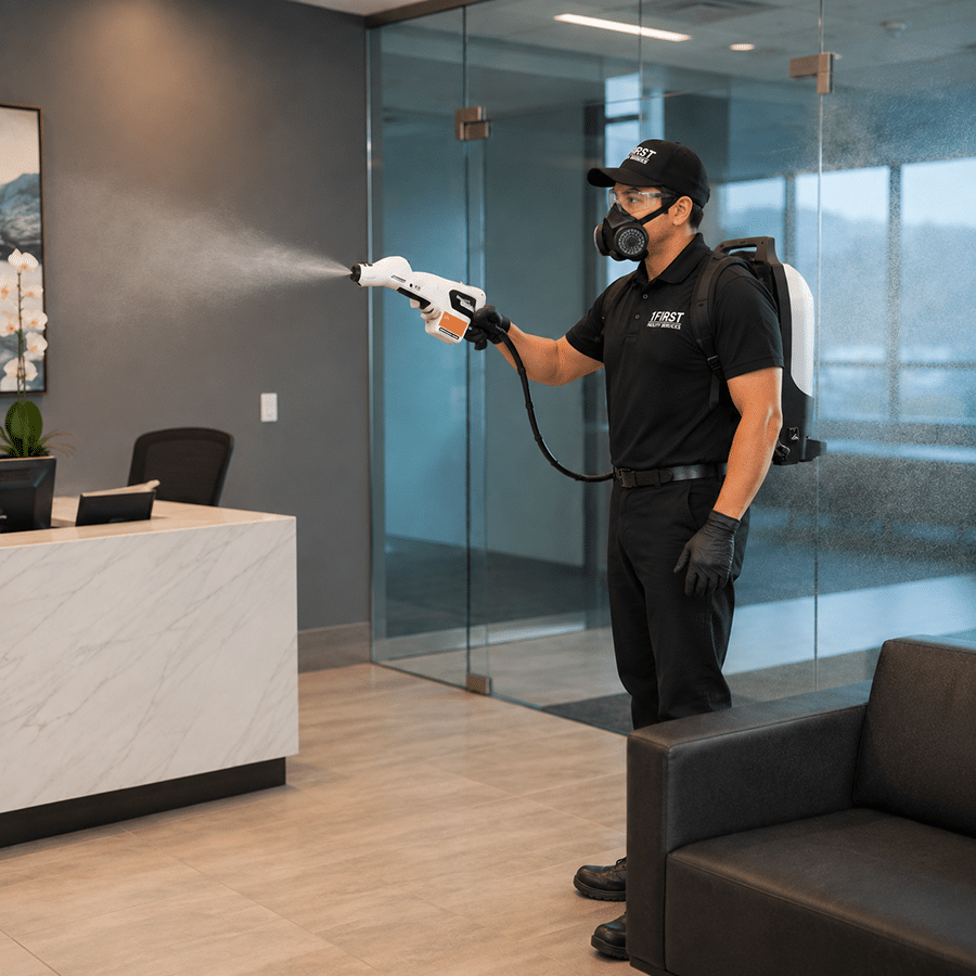 A person in protective gear disinfects an office lobby with a spray device, standing near a desk and glass doors—demonstrating the thorough safety protocols provided by professional Commercial Restoration Services.