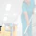A person in teal scrubs mops a hallway next to cleaning supplies, exemplifying professional janitorial services. The First Facility Services logo is displayed in the lower left corner, highlighting their commitment to maintaining clean and welcoming commercial property environments.