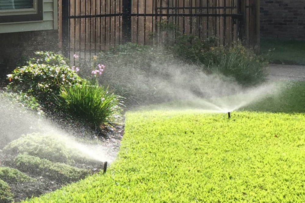 Two sprinklers spray water over a green lawn and garden bed near a wooden fence and house on a sunny day, showcasing the lush results achievable with expert care such as Commercial Restoration Services.