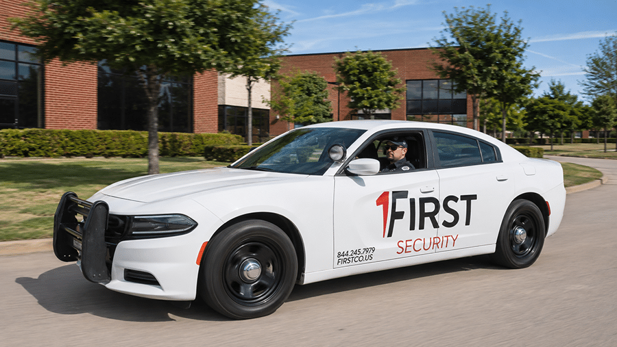 A white sedan marked “First Security” with a light bar and push bumper, driven by a uniformed person, is patrolling a suburban street past a building and trees housing various businesses, including those offering Commercial Restoration Services.