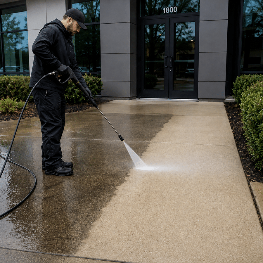 A person in dark clothing uses a power washer to clean a concrete sidewalk outside a building with glass doors, demonstrating the meticulous care provided by Commercial Restoration Services.