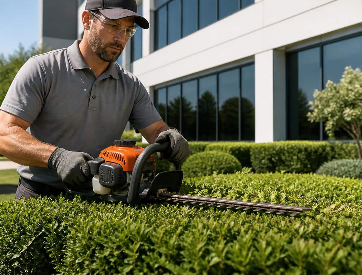 Man wearing safety gear uses a hedge trimmer to shape bushes outside a modern office building on a sunny day, demonstrating the meticulous care provided by professional commercial restoration services.