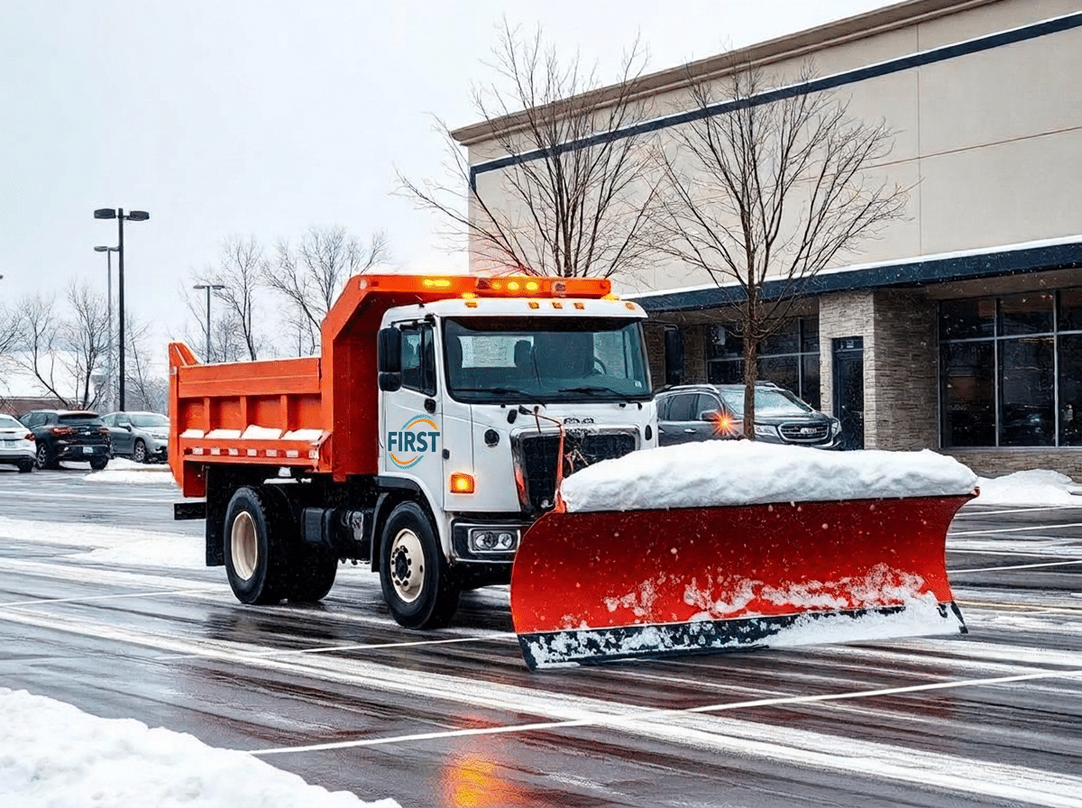 A snow plow truck with an orange blade clears snow from a parking lot near a commercial building on a snowy day, ensuring safe access for businesses and supporting uninterrupted Commercial Restoration Services.